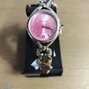 Woman's Silver pink face heart charm watch